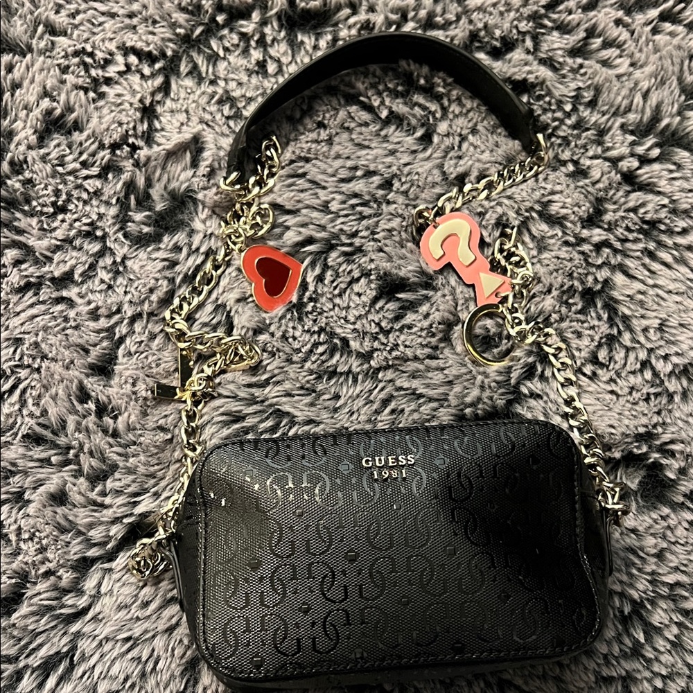 GUESS Black Patterned Crossbody Bag with Gold Accents